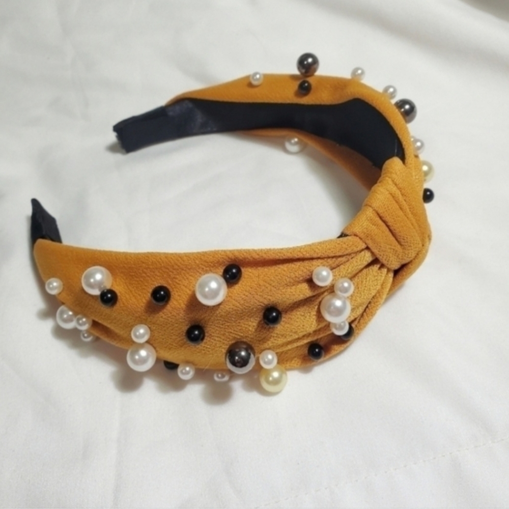Pearl Knotted Headband Mustard Yellow Beaded Hair Accessory OS
